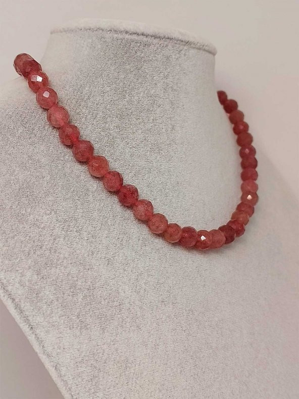 Çilek Kuvars Taşı Faset Kesim Kolye 8mm (Sabit Klipsli) - Resim 2