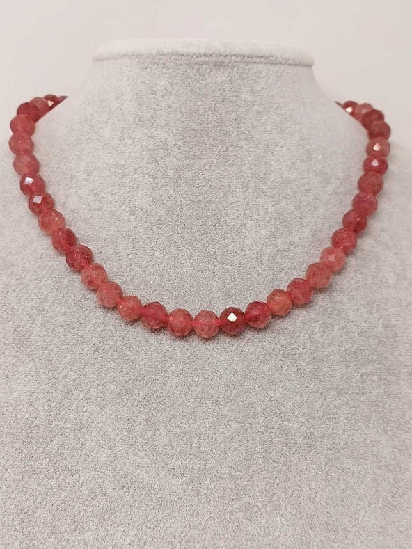 Çilek Kuvars Taşı Faset Kesim Kolye 8mm (Sabit Klipsli) - Resim 3