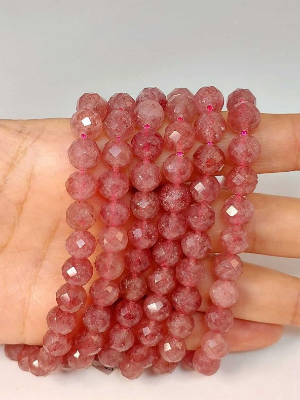 Çilek Kuvars Taşı Faset Kesim Kolye 8mm (Sabit Klipsli) - Resim 4