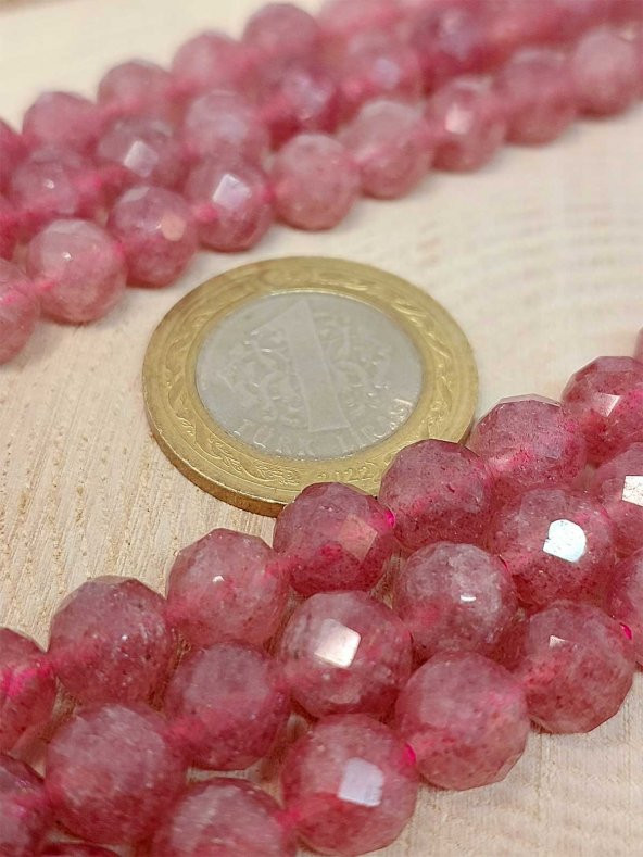 Çilek Kuvars Taşı Faset Kesim Kolye 8mm (Sabit Klipsli) - Resim 5