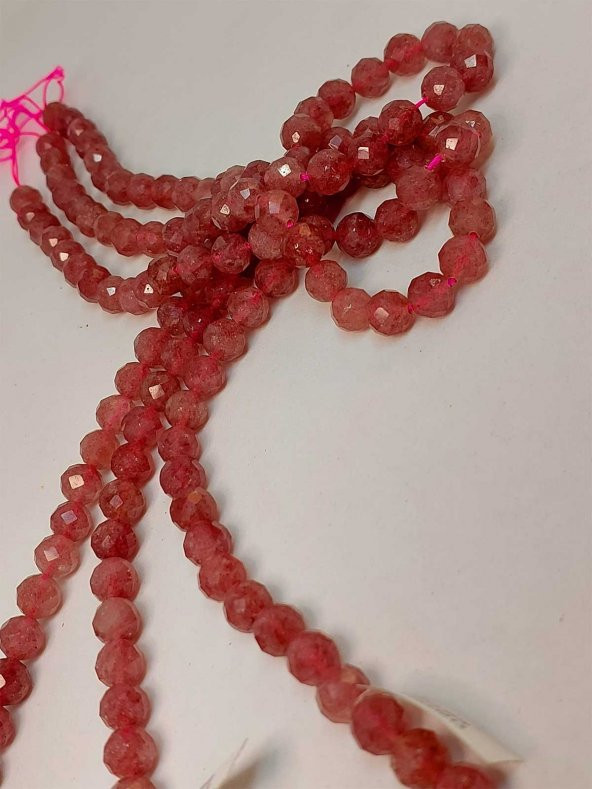 Çilek Kuvars Taşı Faset Kesim Kolye 8mm (Sabit Klipsli) - Resim 6