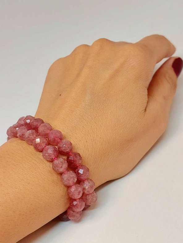Çilek Kuvars Taşı Faset Kesim 8mm Unisex İkili Bileklik ürün görseli
