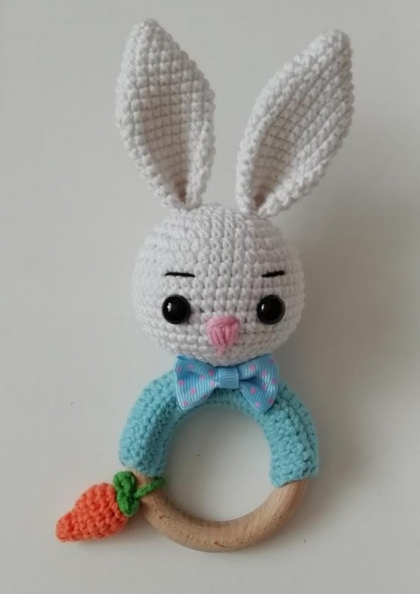 Şirin Tavşan Diş Kaşıyıcılı Çıngırak Amigurumi Organik Oyuncak - 1
