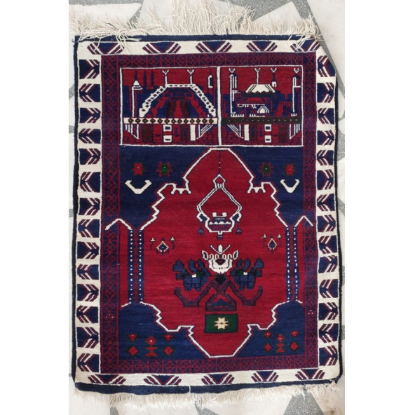 Algelsineve Large El Dokuması Antika Halı Seccade, doğal yünden - 2