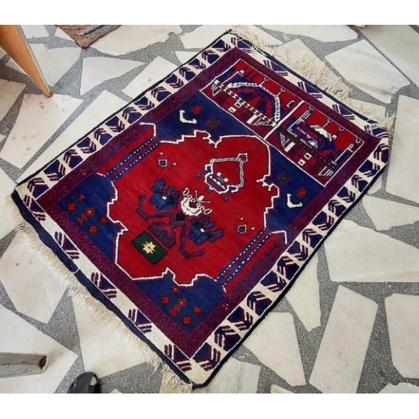 Algelsineve Large El Dokuması Antika Halı Seccade, doğal yünden - 3