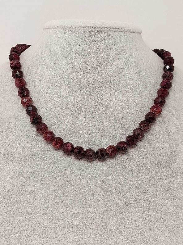 Lal (Granat) (Garnet) Taşı Faset Kesim Kolye 8mm (Sabit Klipsli) - 3