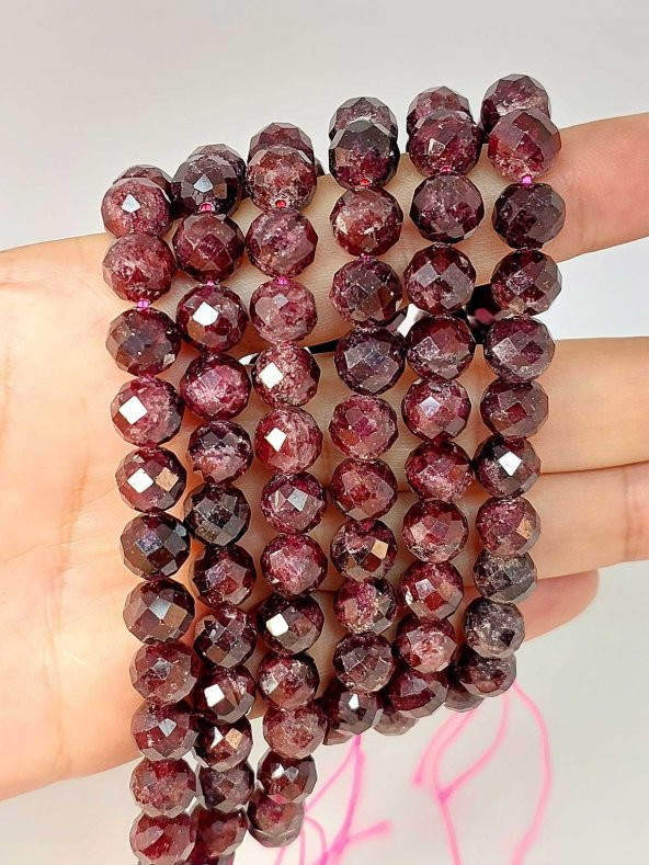 Lal (Granat) (Garnet) Taşı Faset Kesim Kolye 8mm (Sabit Klipsli) - 5
