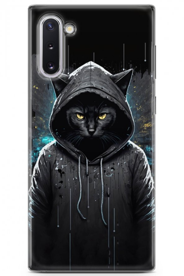 Samsung Galaxy Note 10 Uyumlu Kılıf Milano 11 Kapüşonlu Kedi 4K Baskılı Kılıf Siyah