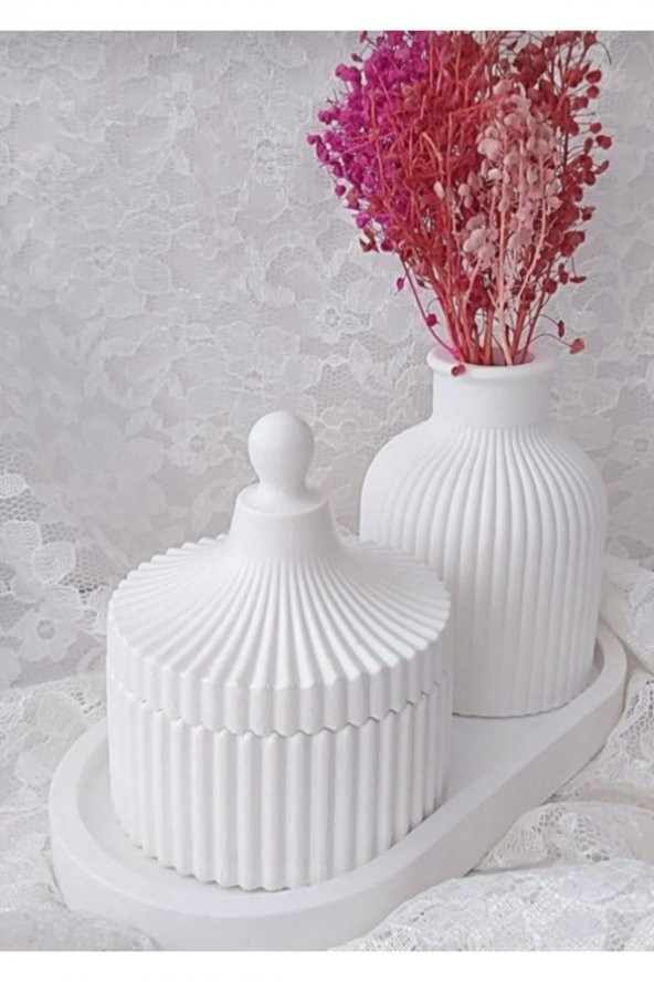 Mini Beyaz Vazo, Oval Tepsi Ve Kapaklı Kutu Dekorasyon Seti, Şekerlik Takımı.