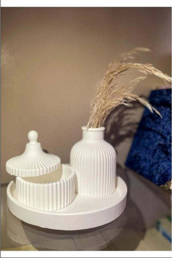 Mini Beyaz Vazo, Yuvarlak Tepsi Ve Kapaklı Kutu Dekorasyon Seti