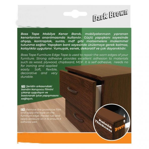 Kendinden Yapışkanlı Masa,Raf,Dolap,Tezgah,Mobilya Kenar Bandı 18mmX5 Metre-Koyu Kahve - 3