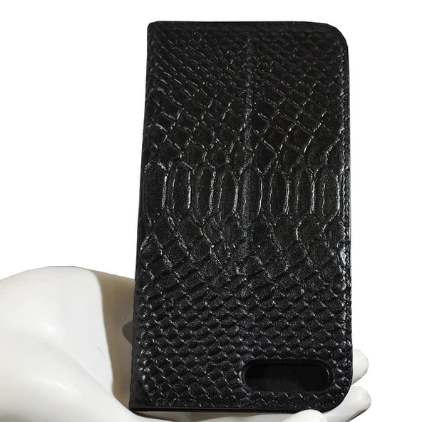 Apple iPhone 8 Plus Cüzdan Kılıf Hakiki Deri Deritel Desen Siyah