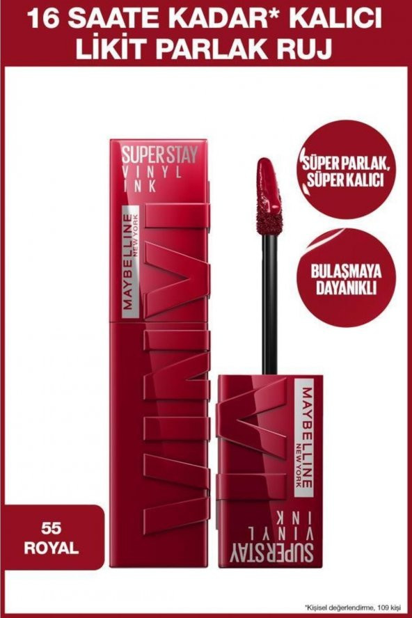Maybelline New York Super Stay Vinyl Ink Uzun Süre Kalıcı Likit Parlak Ruj 55 Royal - 1