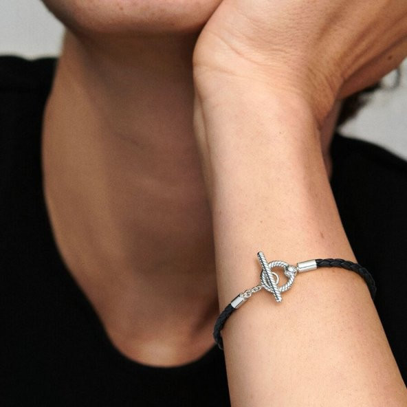 Pandora  591675C01 17cm - Moments Örgülü Deri T-bar Bileklik - 3