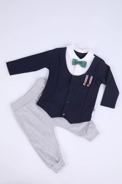 Babyhola Yelek Görünümlü Papyonlu Uzun Kollu Erkek Bebek Alt Üst 2'li Şık Takım Hediyelik Mevsimlik Baharlık 2385