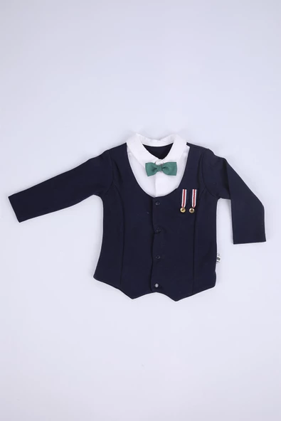 Babyhola Yelek Görünümlü Papyonlu Uzun Kollu Erkek Bebek Alt Üst 2'li Şık Takım Hediyelik Mevsimlik Baharlık 2385 - 2