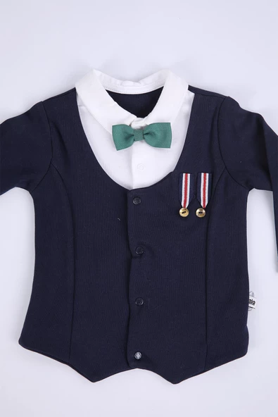 Babyhola Yelek Görünümlü Papyonlu Uzun Kollu Erkek Bebek Alt Üst 2'li Şık Takım Hediyelik Mevsimlik Baharlık 2385 - 3