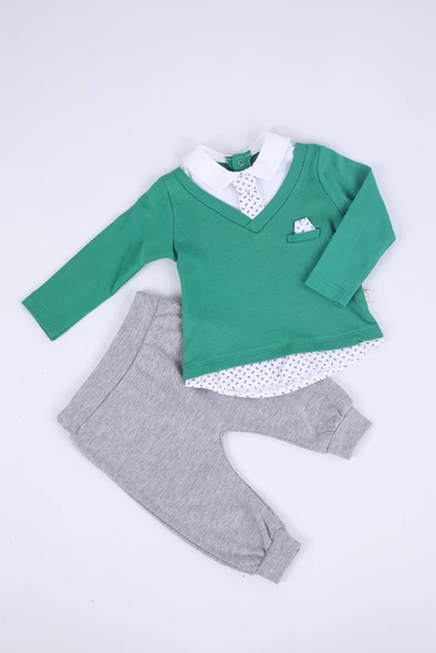 Babyhola Kravatlı Uzun Kollu Erkek Bebek Alt Üst 2'li Şık Takım Hediyelik Mevsimlik Baharlık 2343