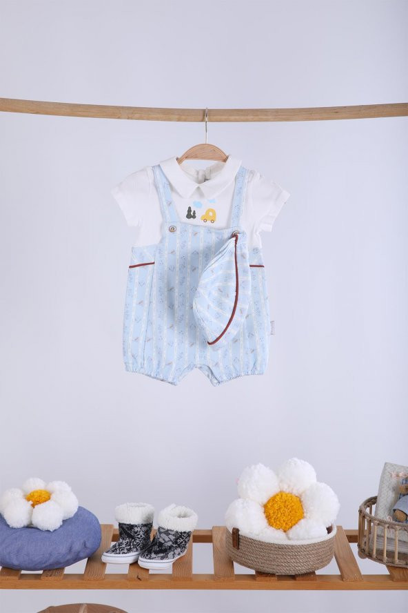 Babyhola %100 Pamuk Erkek Bebek Şapkalı Tulum 2'li Set 13670 - 3
