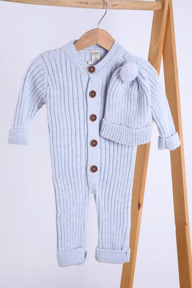 Babyhola %100 Kalın Triko Kız Erkek Bebek Çocuk Kışlık Bereli Tulum Takım 5714 - 6