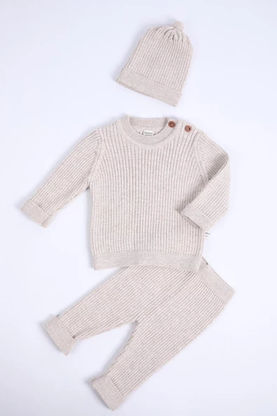 Babyhola %100 Organik Triko Kız Erkek Bebek Çocuk Kazak Pantolon Bereli Alt Üst 3'lü Takım 5804 - 6