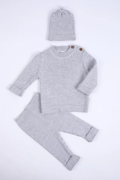 Babyhola %100 Organik Triko Kız Erkek Bebek Çocuk Kazak Pantolon Bereli Alt Üst 3'lü Takım 5804 - 12