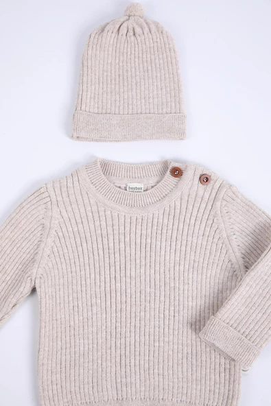 Babyhola %100 Organik Triko Kız Erkek Bebek Çocuk Kazak Pantolon Bereli Alt Üst 3'lü Takım 5804 - 7