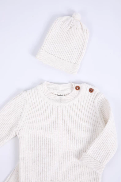 Babyhola %100 Organik Triko Kız Erkek Bebek Çocuk Kazak Pantolon Bereli Alt Üst 3'lü Takım 5804 - 2