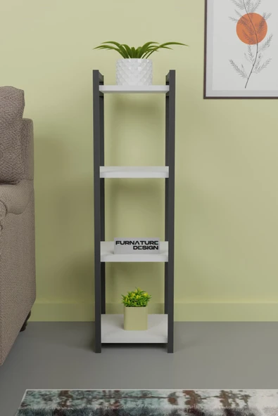 Metal Ahşap Dekoratif Çok Amaçlı Raf 4 Katlı Banyo Mutfak Rafı Çiçeklik Organizer Beyaz - 2