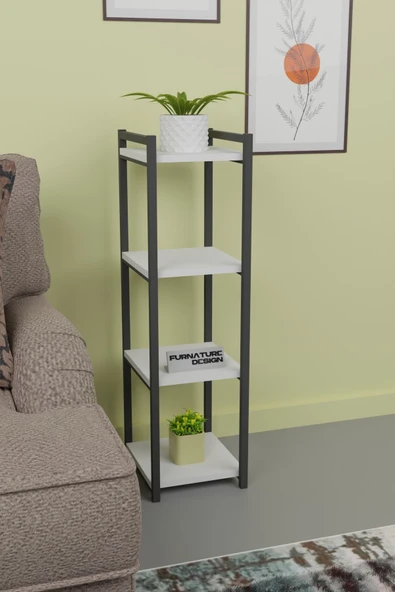 Metal Ahşap Dekoratif Çok Amaçlı Raf 4 Katlı Banyo Mutfak Rafı Çiçeklik Organizer Beyaz - 3