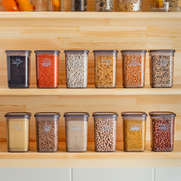 Porsima 431-GR 12 li Çok Amaçlı Kapaklı Etiketli Gıda Erzak Bakliyat Saklama Kabı Seti 1.30 Lt - Gri - 2