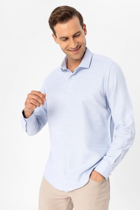 Köşeli Manşet Slim Kalıp Armürlü Gömlek - Resim 8