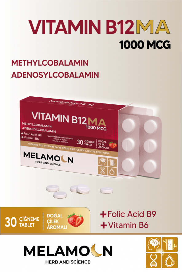 Melamoon Vitamin B12, Vitamin B6 ve Folik asit içeren takviye edici gıda. 1000mcg Vitamin B12 MA