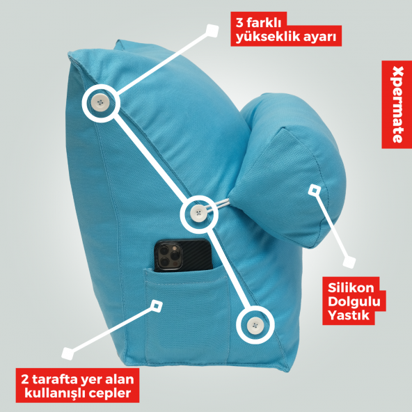 XPERMATE Yükseklik Ayarlı Tv Yastığı Bel Destek Yastığı Sırt Yastığı Boyun Destekli Yastık Ameliyat Sonrası YastıkMavi - 2