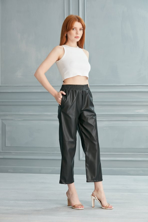 Thin Shop Siyah Deri Pantolon Bol Paça Deri Pantolon - 2