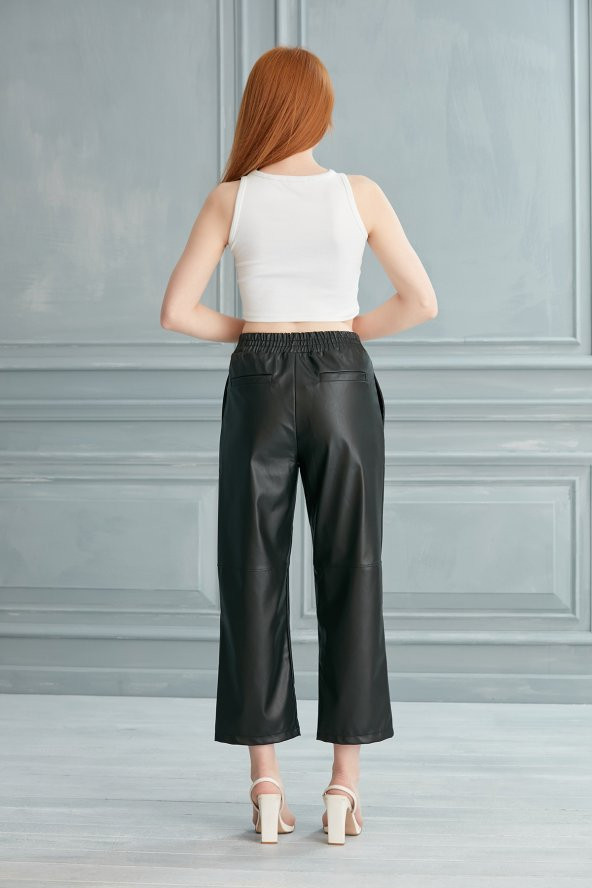 Thin Shop Siyah Deri Pantolon Bol Paça Deri Pantolon - 4