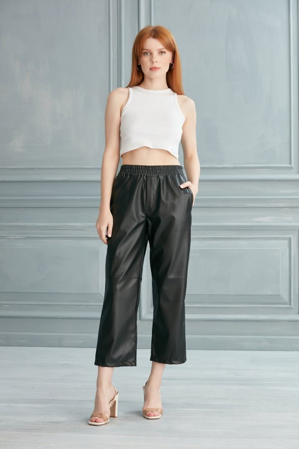 Thin Shop Siyah Deri Pantolon Bol Paça Deri Pantolon - 5