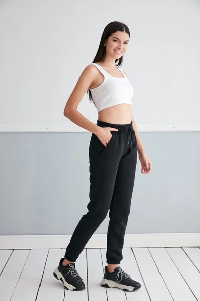 ÜÇ İPLİK PAMUK CEPLİ JOGGER SİYAH EŞOFMAN ALT - EŞOFMAN ALT - BAYAN EŞOFMAN - SİYAH JOGGER - 3