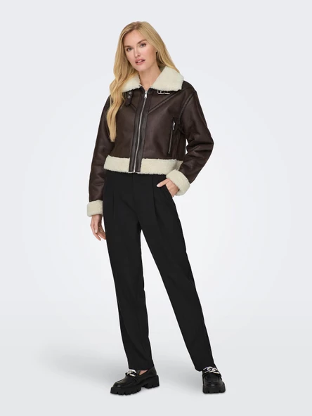 ONLY Bayan Kahverengi Deri Biker Ceket Mont 15298735 - 5