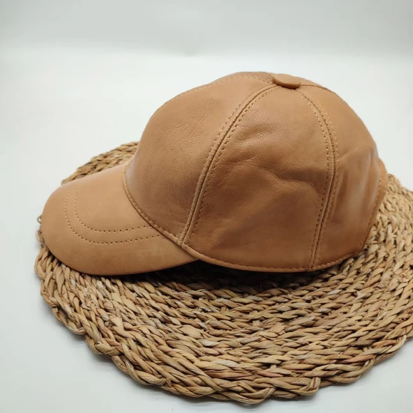 Camel Renk Deri Unisex Şapka - 11