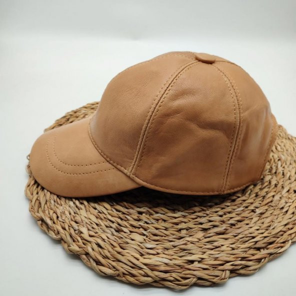 Camel Renk Deri Unisex Şapka - 3