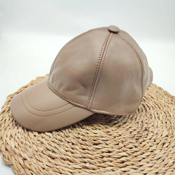 Bej Renk Deri Unisex Şapka - 11