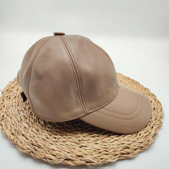 Bej Renk Deri Unisex Şapka - 10