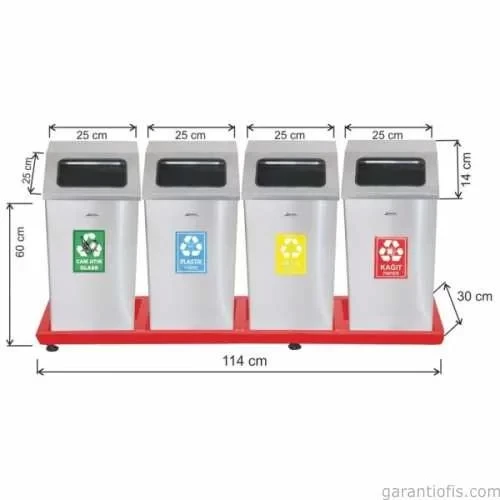 Garanti Metal 1813 Bazalı Mat Paslanmaz Çelik 4 lü Geri Dönüşüm Çöp Kovası
