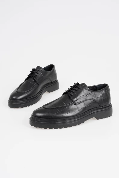 Hakiki Deri Erkek Bağcıklı Klasik Ayakkabı Timsah Desenli Rahat Tabanlı - Resim 3