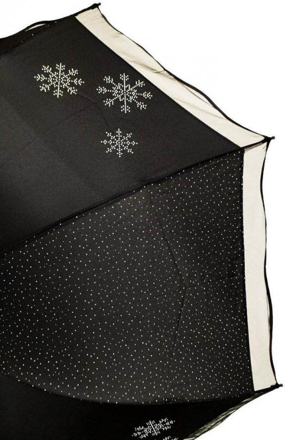 DZC KUZENLER AVM Marlux Rüzgara Dayanıklı Beyaz Noktalı Taş Detaylı Siyah Bayan Şemsiye - Resim 2