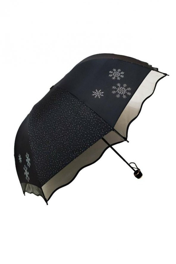 DZC KUZENLER AVM Marlux Rüzgara Dayanıklı Beyaz Noktalı Taş Detaylı Siyah Bayan Şemsiye - Resim 5