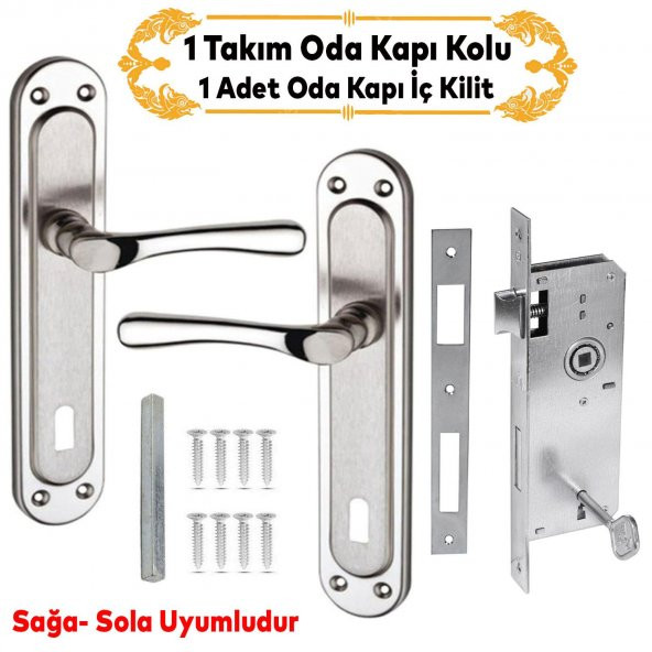 Kumru Nikel Saten Oda Kapı Kolu + Hok ER-40 Ekstra Gömme Kilit İç Kapı Oda Kilidi Rulmanlı Köşeli 40 mm Takım