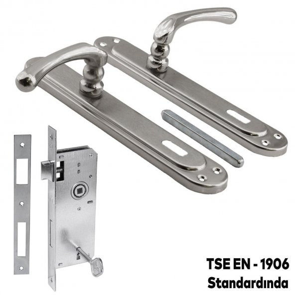 Kumru Nikel Saten Oda Kapı Kolu + Hok ER-40 Ekstra Gömme Kilit İç Kapı Oda Kilidi Rulmanlı Köşeli 40 mm Takım - 6