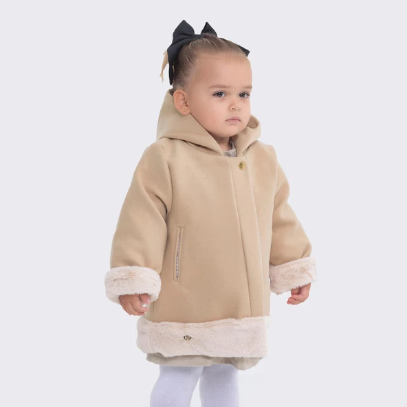 Babyhola Kız Bebek Çocuk Pamuk Astarlı Kapüşonlu Kürk Detaylı Kaşe Kaban Kışlık 13494 - 11